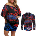 Personalized Newcastle Knights Couples Matching Off Shoulder Short Dress and Long Sleeve Button Shirt Graffiti Grunge Abstract Urban Street Style Design