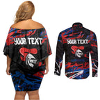 Personalized Newcastle Knights Couples Matching Off Shoulder Short Dress and Long Sleeve Button Shirt Graffiti Grunge Abstract Urban Street Style Design