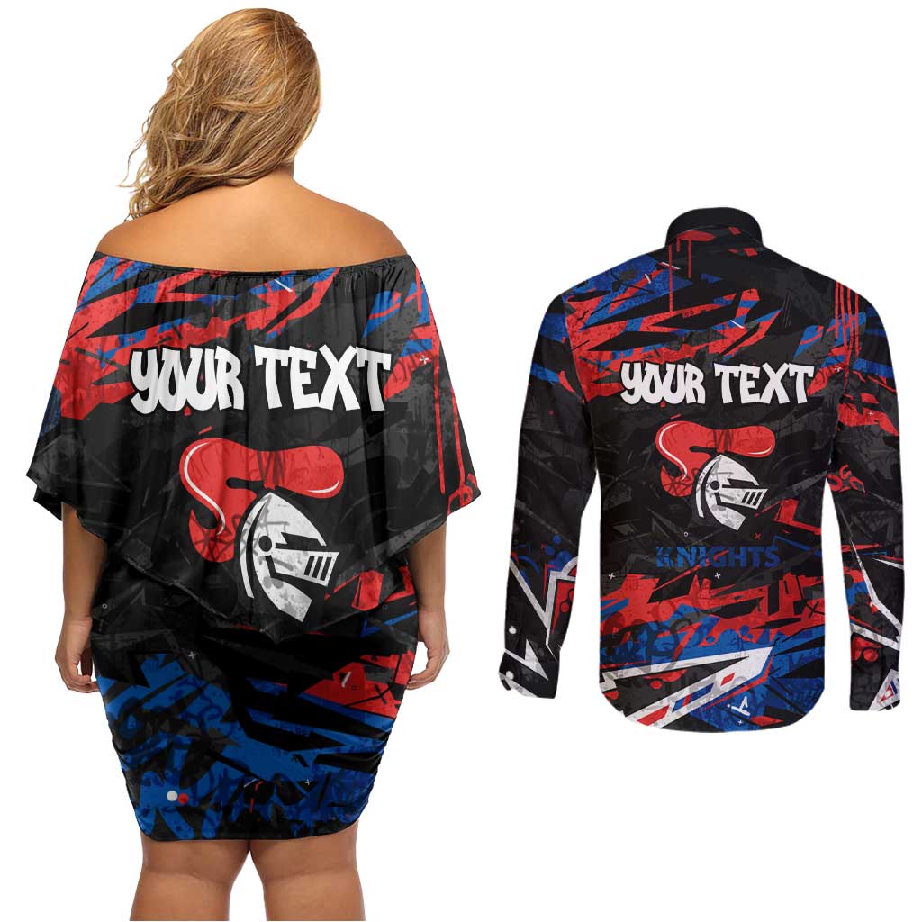 Personalized Newcastle Knights Couples Matching Off Shoulder Short Dress and Long Sleeve Button Shirt Graffiti Grunge Abstract Urban Street Style Design