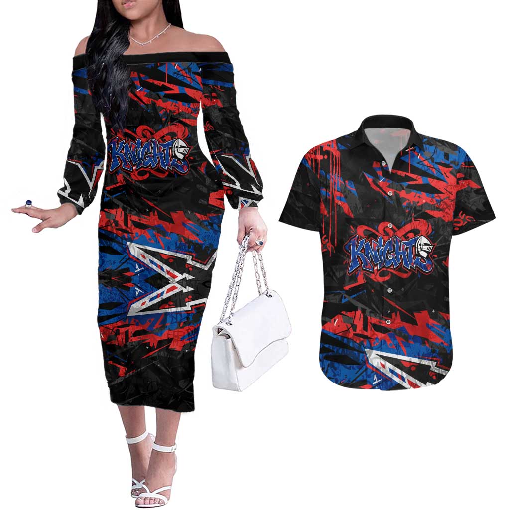 Personalized Newcastle Knights Couples Matching Off The Shoulder Long Sleeve Dress and Hawaiian Shirt Graffiti Grunge Abstract Urban Street Style Design