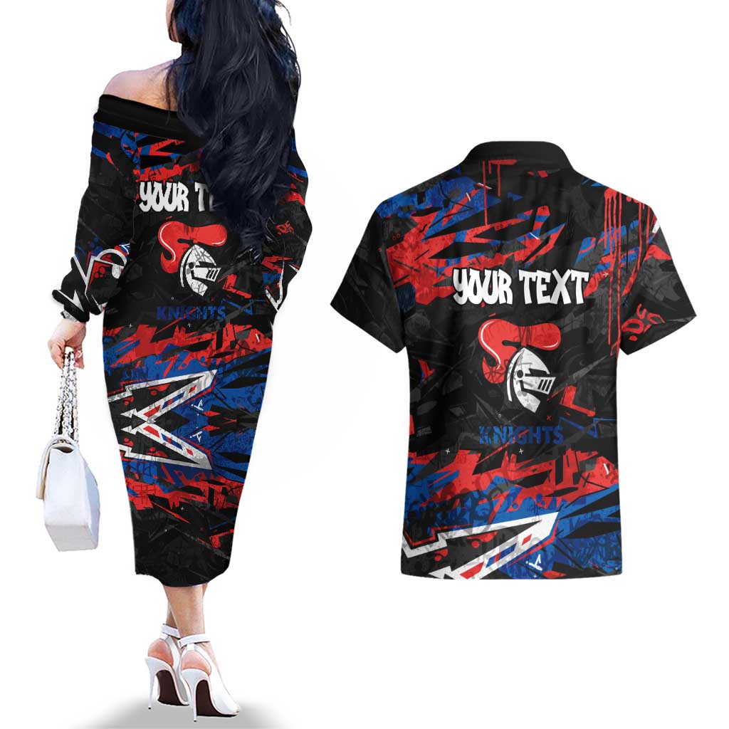 Personalized Newcastle Knights Couples Matching Off The Shoulder Long Sleeve Dress and Hawaiian Shirt Graffiti Grunge Abstract Urban Street Style Design