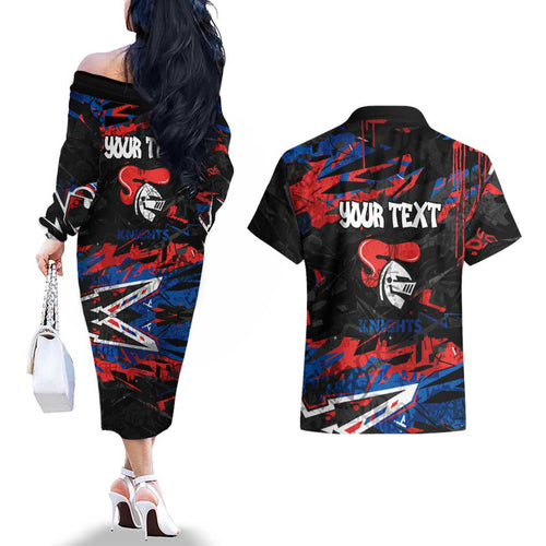 Personalized Newcastle Knights Couples Matching Off The Shoulder Long Sleeve Dress and Hawaiian Shirt Graffiti Grunge Abstract Urban Street Style Design