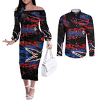 Personalized Newcastle Knights Couples Matching Off The Shoulder Long Sleeve Dress and Long Sleeve Button Shirt Graffiti Grunge Abstract Urban Street Style Design