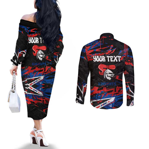 Personalized Newcastle Knights Couples Matching Off The Shoulder Long Sleeve Dress and Long Sleeve Button Shirt Graffiti Grunge Abstract Urban Street Style Design