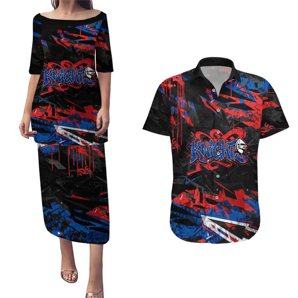 Personalized Newcastle Knights Couples Matching Puletasi and Hawaiian Shirt Graffiti Grunge Abstract Urban Street Style Design