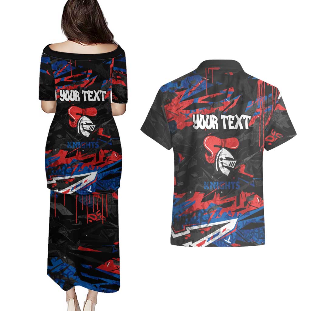 Personalized Newcastle Knights Couples Matching Puletasi and Hawaiian Shirt Graffiti Grunge Abstract Urban Street Style Design