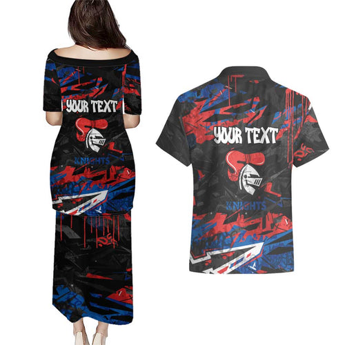 Personalized Newcastle Knights Couples Matching Puletasi and Hawaiian Shirt Graffiti Grunge Abstract Urban Street Style Design