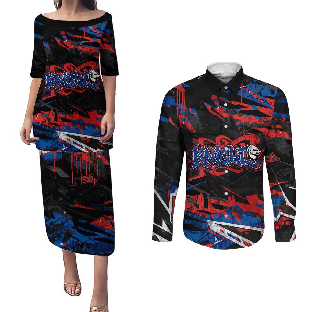 Personalized Newcastle Knights Couples Matching Puletasi and Long Sleeve Button Shirt Graffiti Grunge Abstract Urban Street Style Design