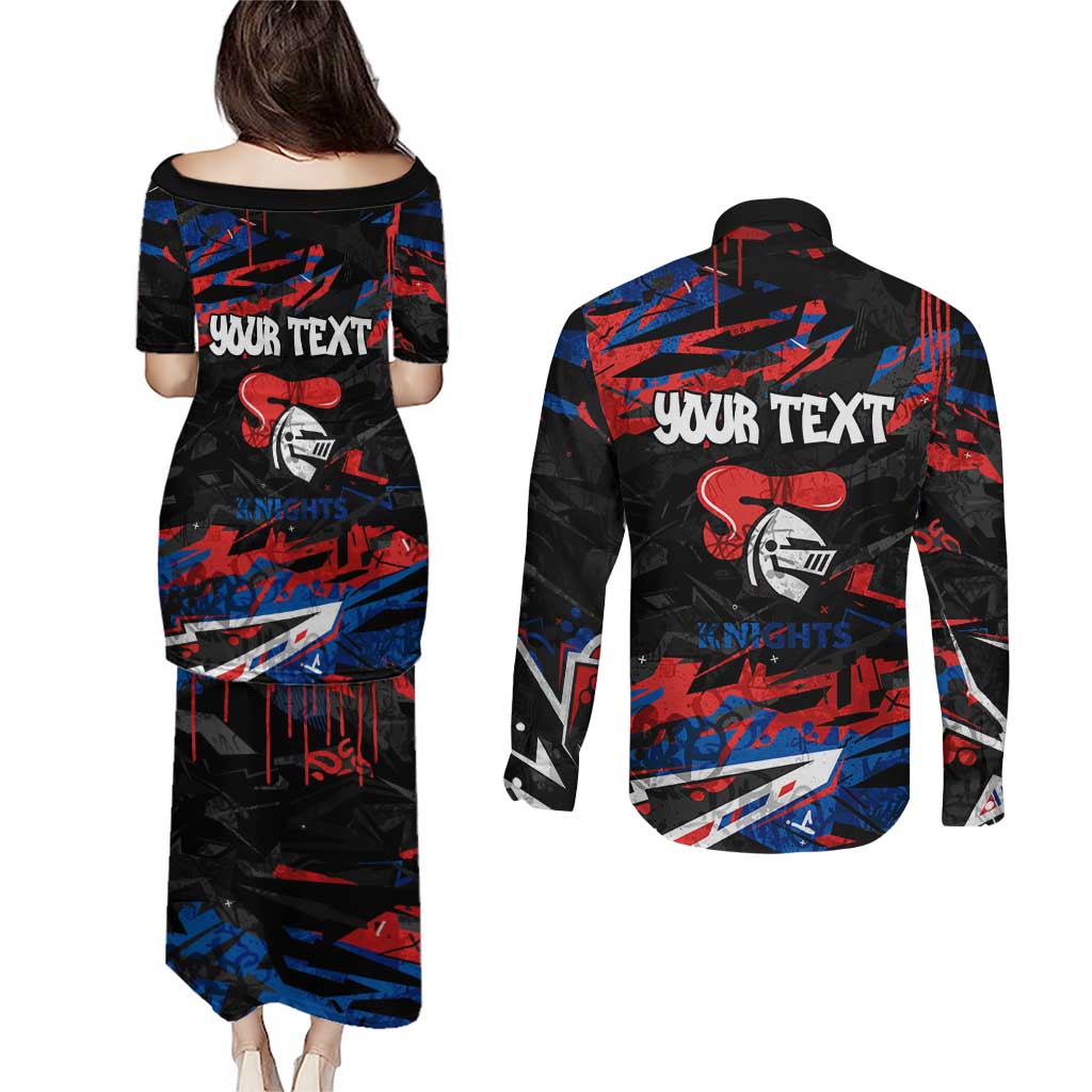 Personalized Newcastle Knights Couples Matching Puletasi and Long Sleeve Button Shirt Graffiti Grunge Abstract Urban Street Style Design