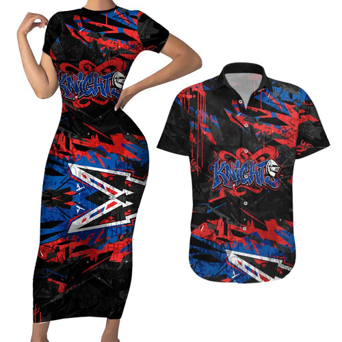 Personalized Newcastle Knights Couples Matching Short Sleeve Bodycon Dress and Hawaiian Shirt Graffiti Grunge Abstract Urban Street Style Design