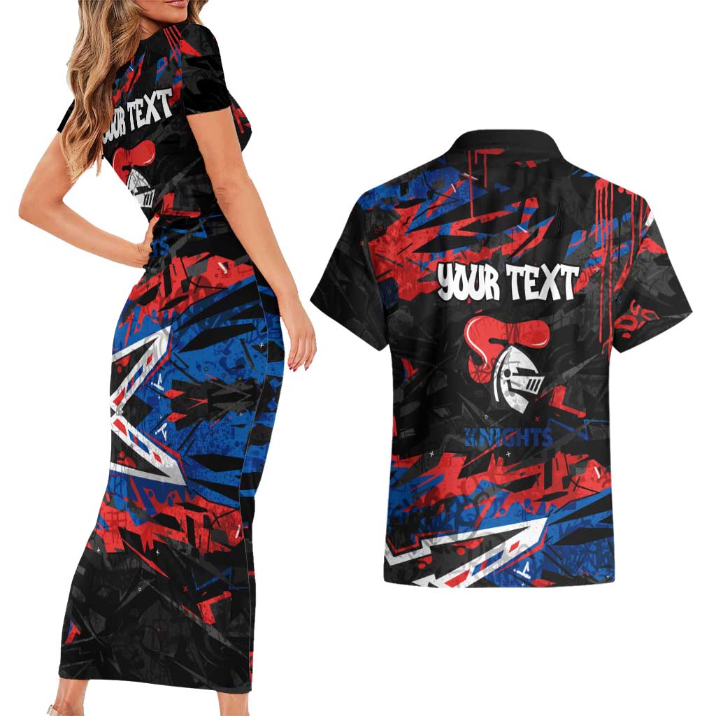 Personalized Newcastle Knights Couples Matching Short Sleeve Bodycon Dress and Hawaiian Shirt Graffiti Grunge Abstract Urban Street Style Design