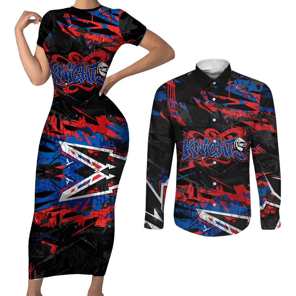 Personalized Newcastle Knights Couples Matching Short Sleeve Bodycon Dress and Long Sleeve Button Shirt Graffiti Grunge Abstract Urban Street Style Design