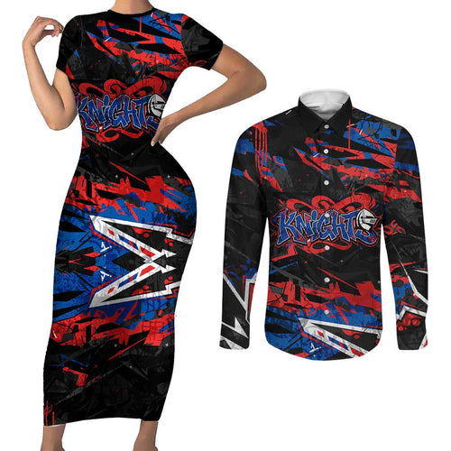 Personalized Newcastle Knights Couples Matching Short Sleeve Bodycon Dress and Long Sleeve Button Shirt Graffiti Grunge Abstract Urban Street Style Design