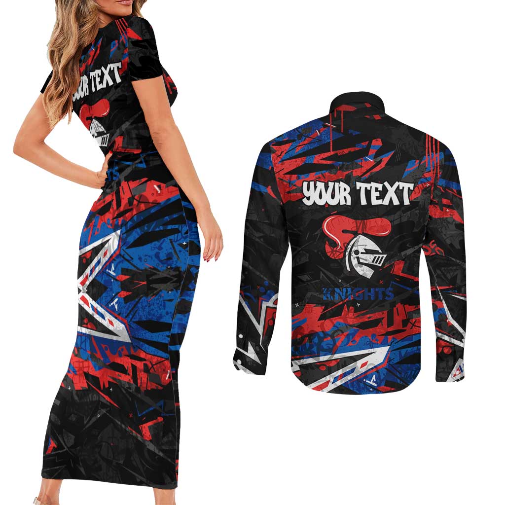 Personalized Newcastle Knights Couples Matching Short Sleeve Bodycon Dress and Long Sleeve Button Shirt Graffiti Grunge Abstract Urban Street Style Design