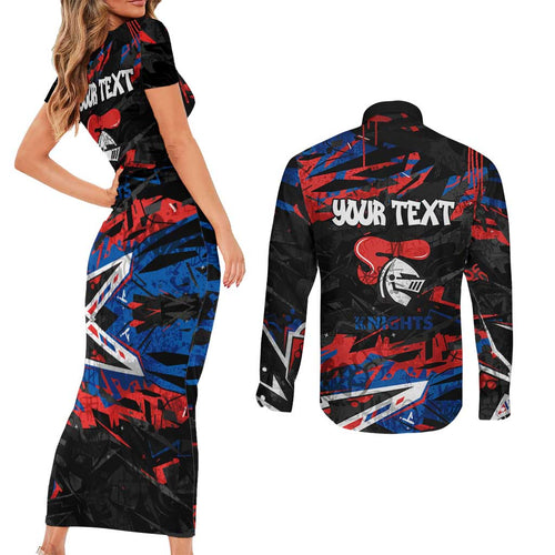 Personalized Newcastle Knights Couples Matching Short Sleeve Bodycon Dress and Long Sleeve Button Shirt Graffiti Grunge Abstract Urban Street Style Design
