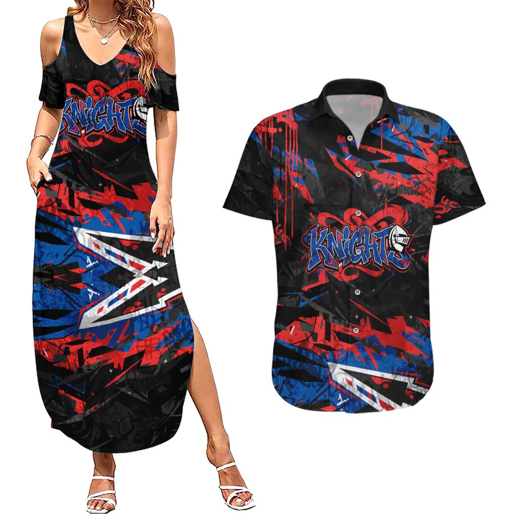 Personalized Newcastle Knights Couples Matching Summer Maxi Dress and Hawaiian Shirt Graffiti Grunge Abstract Urban Street Style Design
