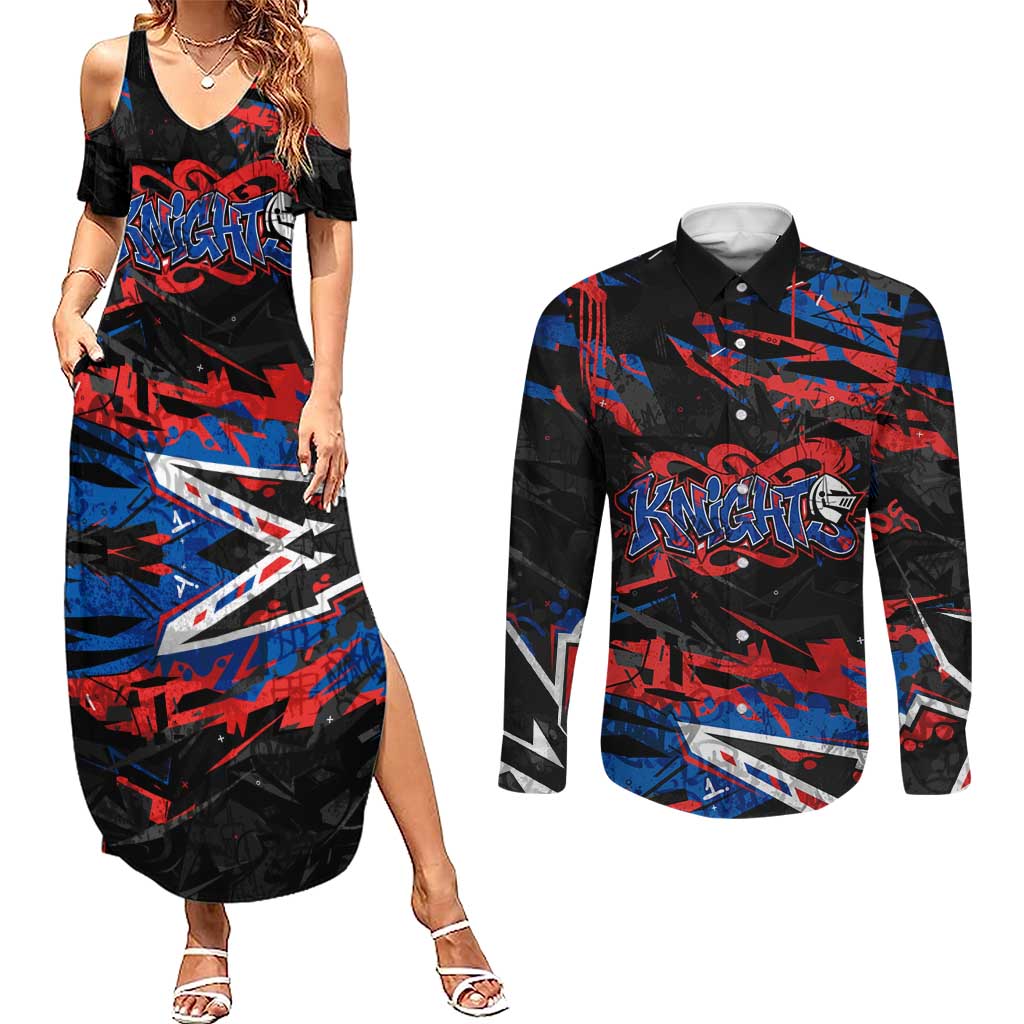 Personalized Newcastle Knights Couples Matching Summer Maxi Dress and Long Sleeve Button Shirt Graffiti Grunge Abstract Urban Street Style Design