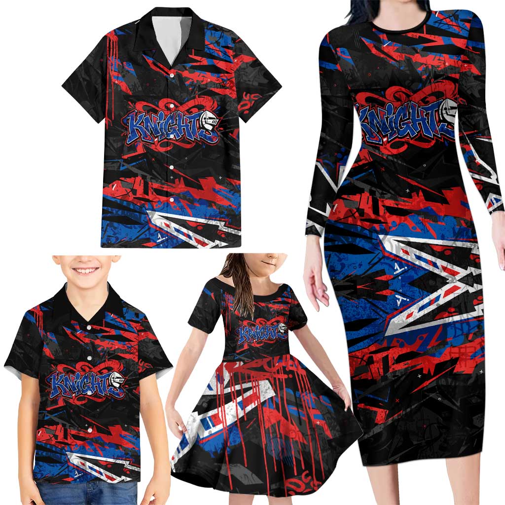Personalized Newcastle Knights Family Matching Long Sleeve Bodycon Dress and Hawaiian Shirt Graffiti Grunge Abstract Urban Street Style Design