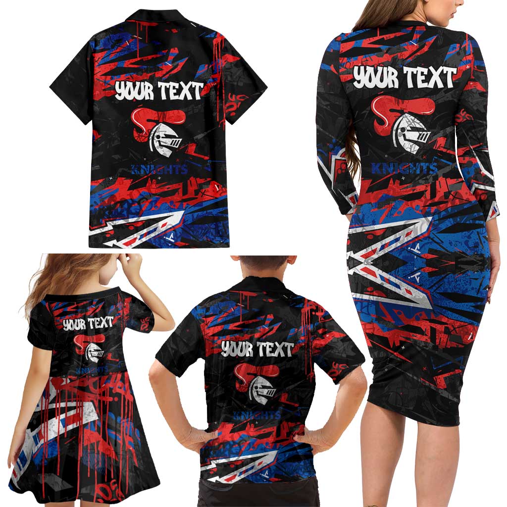 Personalized Newcastle Knights Family Matching Long Sleeve Bodycon Dress and Hawaiian Shirt Graffiti Grunge Abstract Urban Street Style Design