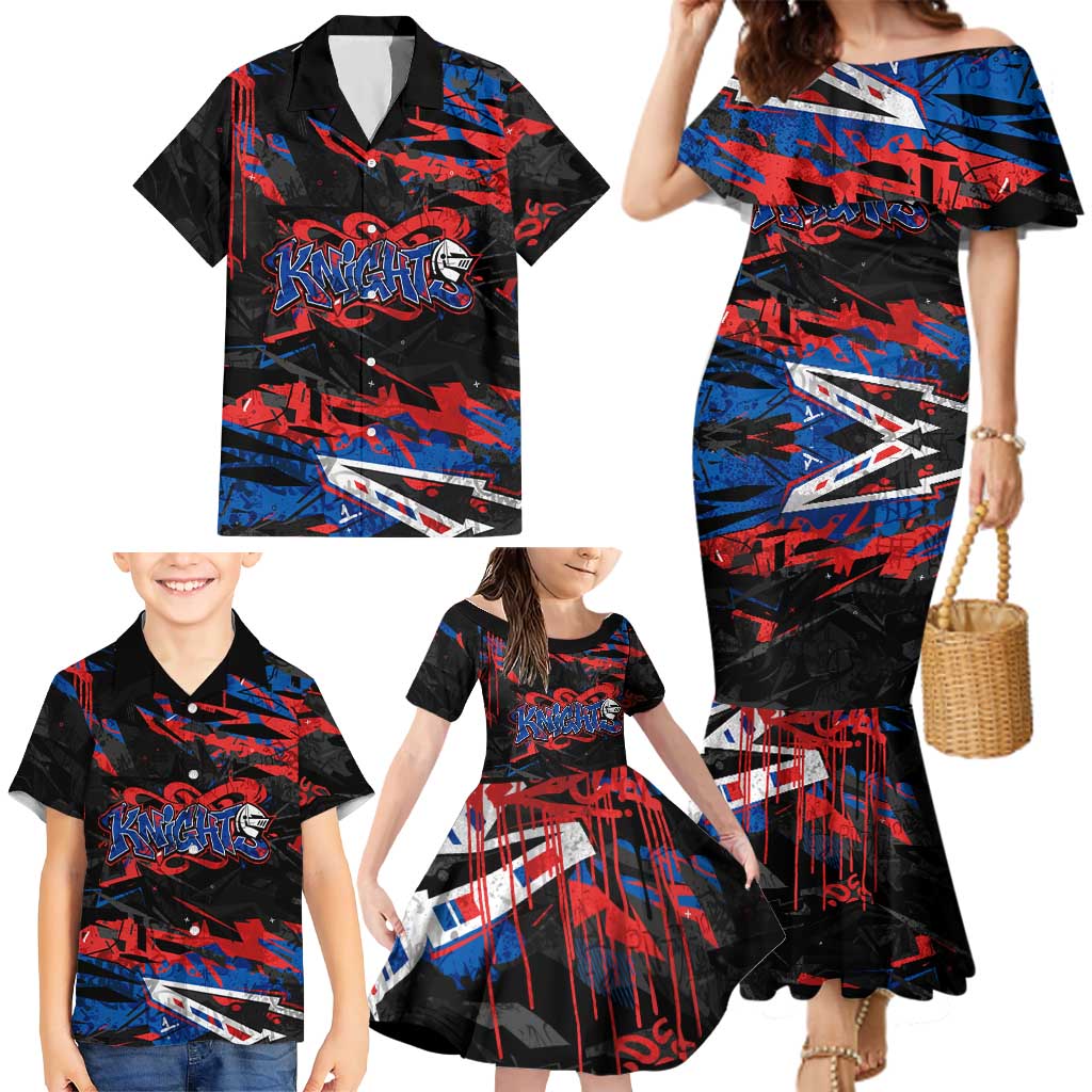 Personalized Newcastle Knights Family Matching Mermaid Dress and Hawaiian Shirt Graffiti Grunge Abstract Urban Street Style Design