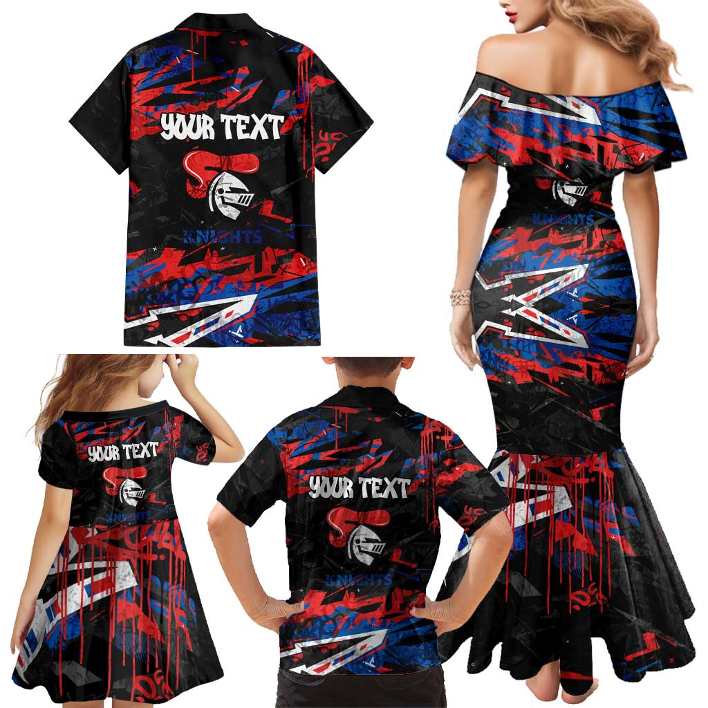 Personalized Newcastle Knights Family Matching Mermaid Dress and Hawaiian Shirt Graffiti Grunge Abstract Urban Street Style Design