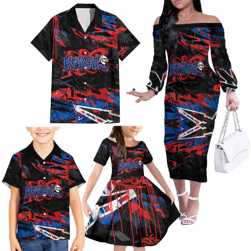 Personalized Newcastle Knights Family Matching Off The Shoulder Long Sleeve Dress and Hawaiian Shirt Graffiti Grunge Abstract Urban Street Style Design