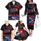 Personalized Newcastle Knights Family Matching Off The Shoulder Long Sleeve Dress and Hawaiian Shirt Graffiti Grunge Abstract Urban Street Style Design