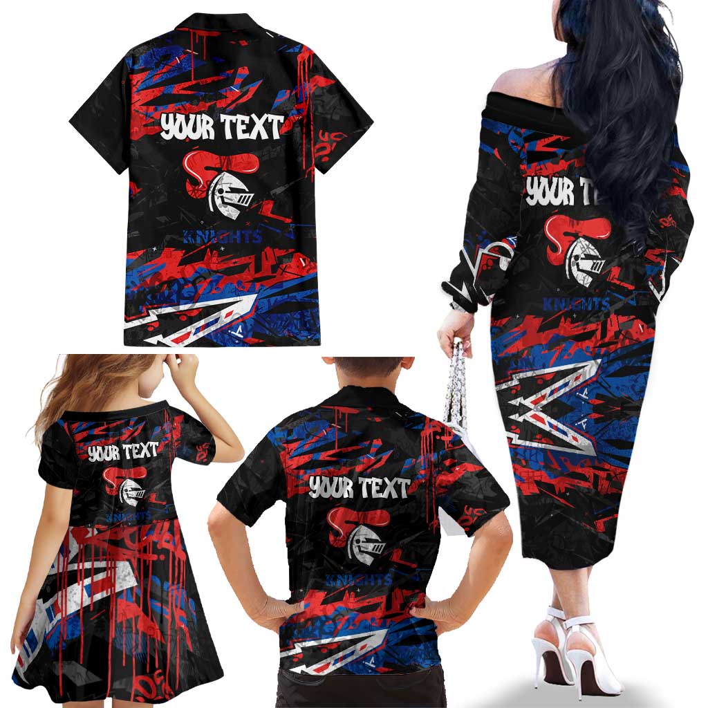 Personalized Newcastle Knights Family Matching Off The Shoulder Long Sleeve Dress and Hawaiian Shirt Graffiti Grunge Abstract Urban Street Style Design