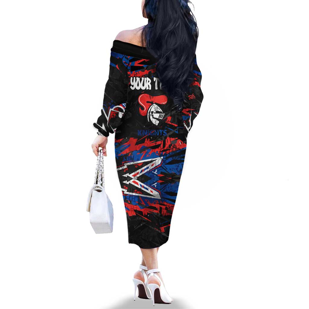 Personalized Newcastle Knights Family Matching Off The Shoulder Long Sleeve Dress and Hawaiian Shirt Graffiti Grunge Abstract Urban Street Style Design