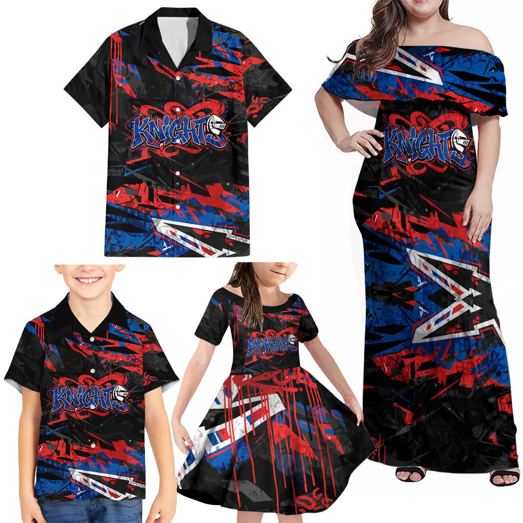 Personalized Newcastle Knights Family Matching Off Shoulder Maxi Dress and Hawaiian Shirt Graffiti Grunge Abstract Urban Street Style Design