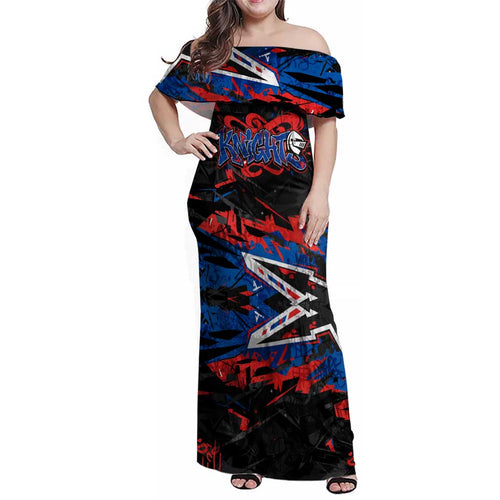 Personalized Newcastle Knights Family Matching Off Shoulder Maxi Dress and Hawaiian Shirt Graffiti Grunge Abstract Urban Street Style Design