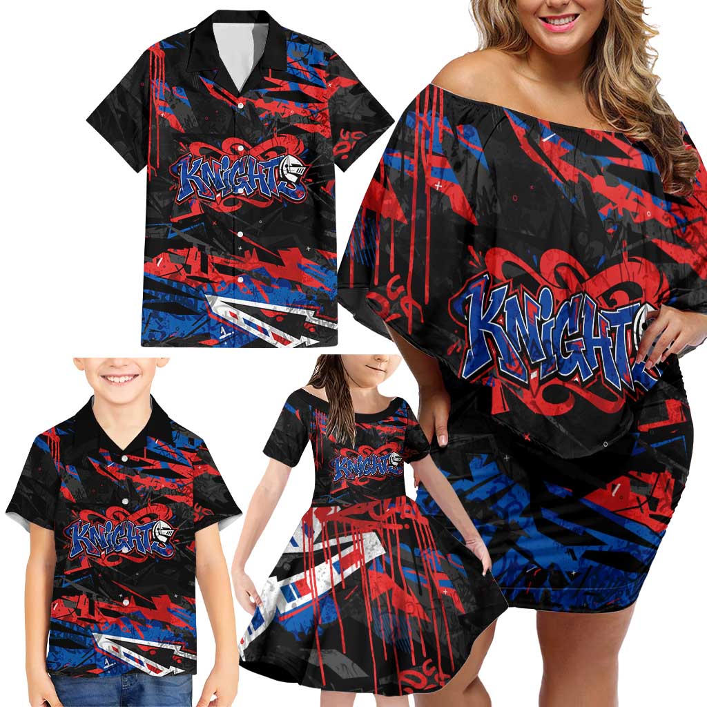 Personalized Newcastle Knights Family Matching Off Shoulder Short Dress and Hawaiian Shirt Graffiti Grunge Abstract Urban Street Style Design