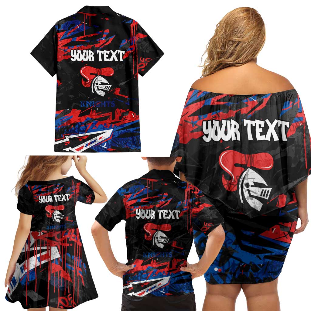Personalized Newcastle Knights Family Matching Off Shoulder Short Dress and Hawaiian Shirt Graffiti Grunge Abstract Urban Street Style Design