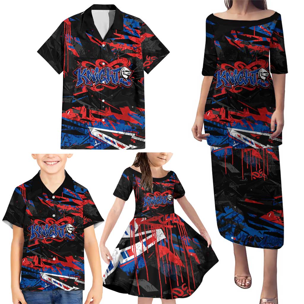 Personalized Newcastle Knights Family Matching Puletasi and Hawaiian Shirt Graffiti Grunge Abstract Urban Street Style Design