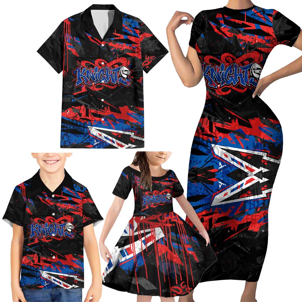 Personalized Newcastle Knights Family Matching Short Sleeve Bodycon Dress and Hawaiian Shirt Graffiti Grunge Abstract Urban Street Style Design