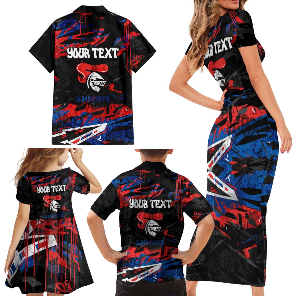 Personalized Newcastle Knights Family Matching Short Sleeve Bodycon Dress and Hawaiian Shirt Graffiti Grunge Abstract Urban Street Style Design