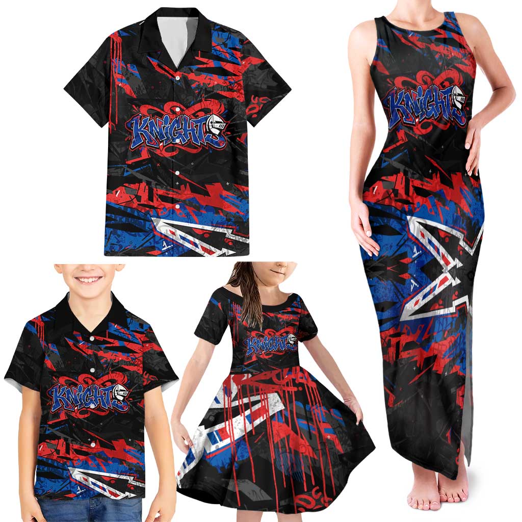Personalized Newcastle Knights Family Matching Tank Maxi Dress and Hawaiian Shirt Graffiti Grunge Abstract Urban Street Style Design