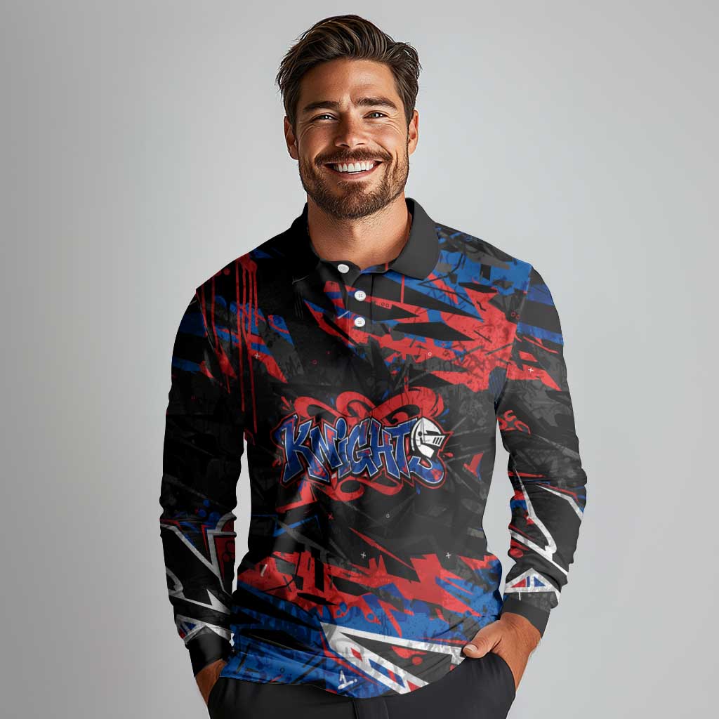 Personalized Newcastle Knights Long Sleeve Polo Shirt Graffiti Grunge Abstract Urban Street Style Design