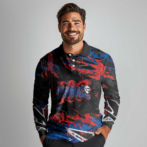 Personalized Newcastle Knights Long Sleeve Polo Shirt Graffiti Grunge Abstract Urban Street Style Design