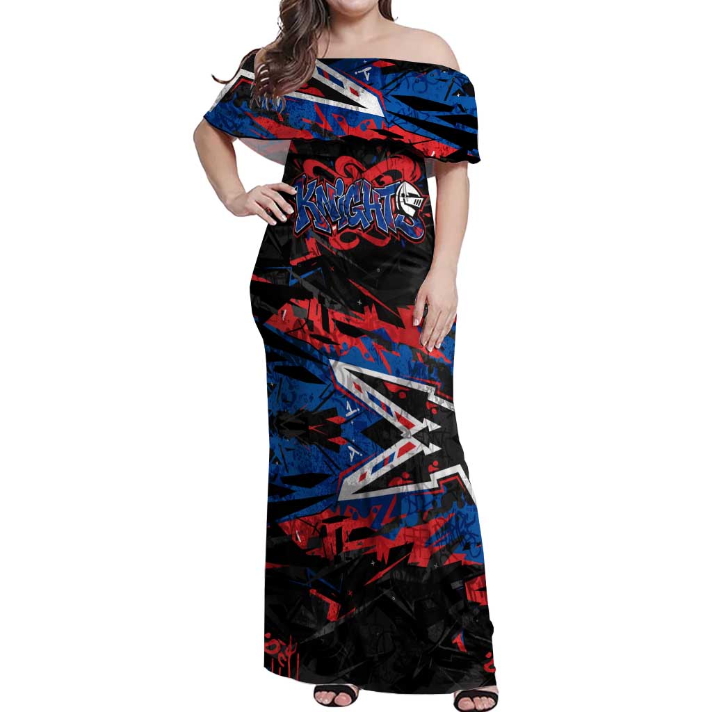 Personalized Newcastle Knights Off Shoulder Maxi Dress Graffiti Grunge Abstract Urban Street Style Design