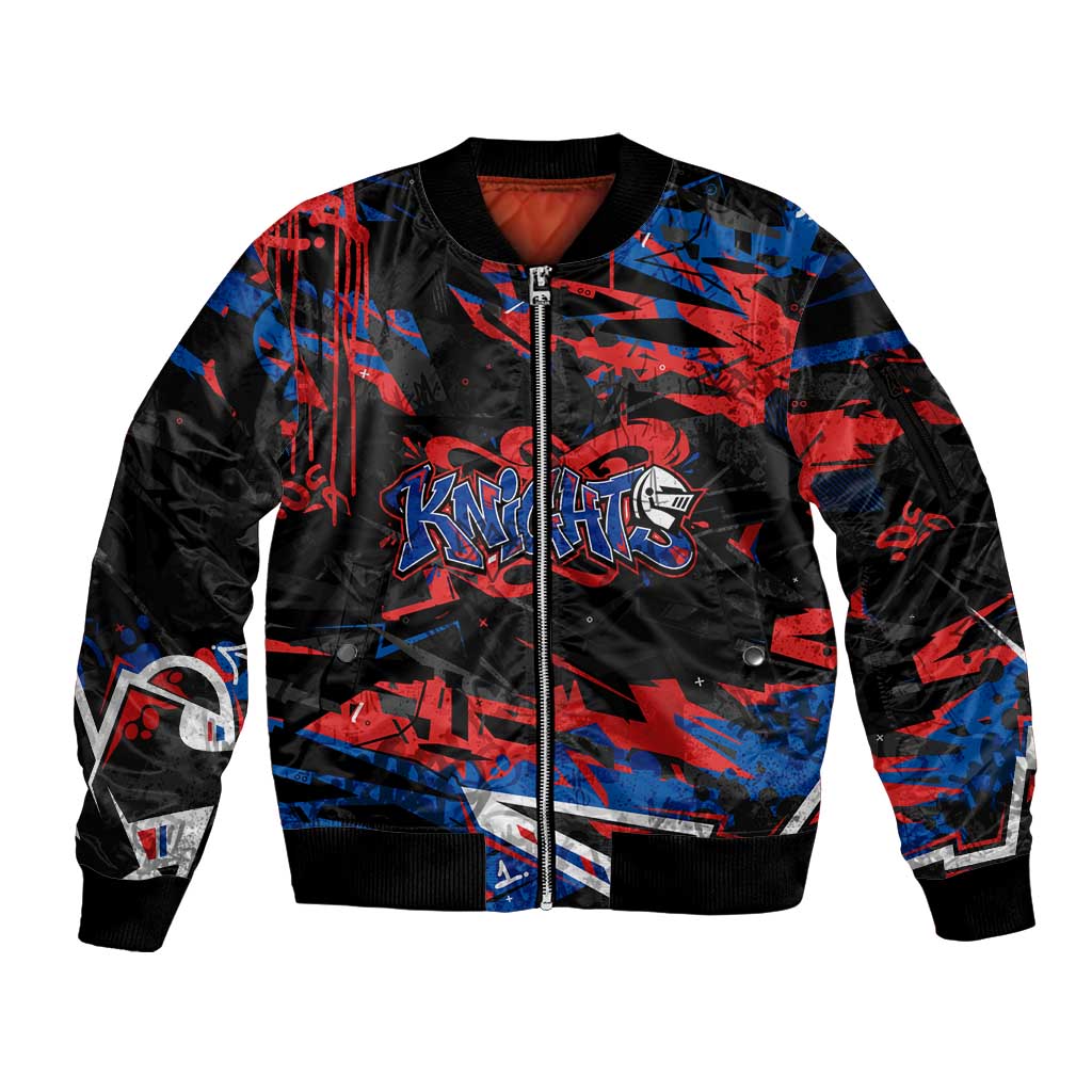 Personalized Newcastle Knights Sleeve Zip Bomber Jacket Graffiti Grunge Abstract Urban Street Style Design