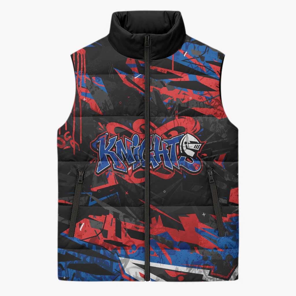 Personalized Newcastle Knights Sleeveless Puffer Jacket Graffiti Grunge Abstract Urban Street Style Design