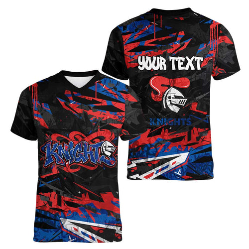 Personalized Newcastle Knights Women V-Neck T-Shirt Graffiti Grunge Abstract Urban Street Style Design