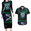 Personalized New Zealand Warriors Couples Matching Long Sleeve Bodycon Dress and Hawaiian Shirt Graffiti Grunge Abstract Urban Street Style Design