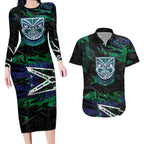 Personalized New Zealand Warriors Couples Matching Long Sleeve Bodycon Dress and Hawaiian Shirt Graffiti Grunge Abstract Urban Street Style Design