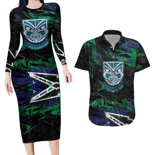 Personalized New Zealand Warriors Couples Matching Long Sleeve Bodycon Dress and Hawaiian Shirt Graffiti Grunge Abstract Urban Street Style Design