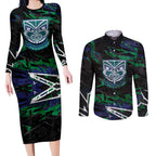 Personalized New Zealand Warriors Couples Matching Long Sleeve Bodycon Dress and Long Sleeve Button Shirt Graffiti Grunge Abstract Urban Street Style Design