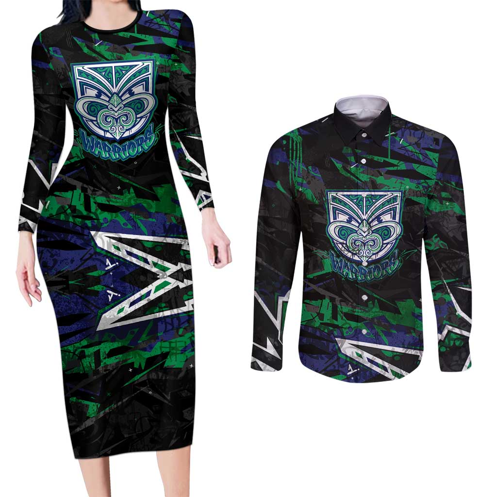 Personalized New Zealand Warriors Couples Matching Long Sleeve Bodycon Dress and Long Sleeve Button Shirt Graffiti Grunge Abstract Urban Street Style Design