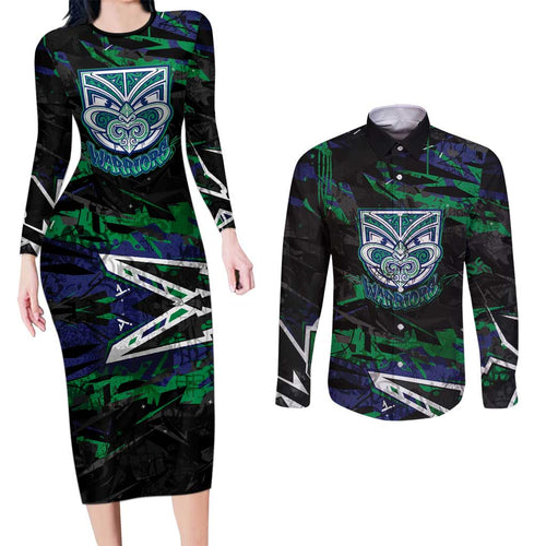 Personalized New Zealand Warriors Couples Matching Long Sleeve Bodycon Dress and Long Sleeve Button Shirt Graffiti Grunge Abstract Urban Street Style Design