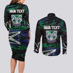 Personalized New Zealand Warriors Couples Matching Long Sleeve Bodycon Dress and Long Sleeve Button Shirt Graffiti Grunge Abstract Urban Street Style Design